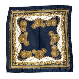 Vintage Inspired Navy Gold Baroque Print Polyester Square Scarf 35 Inches